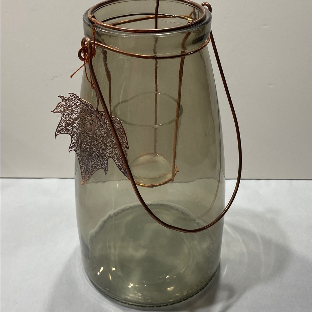 Tall Large smoky Glass votive lantern rose gold accent leaf and wired handle - Picture 2 of 7